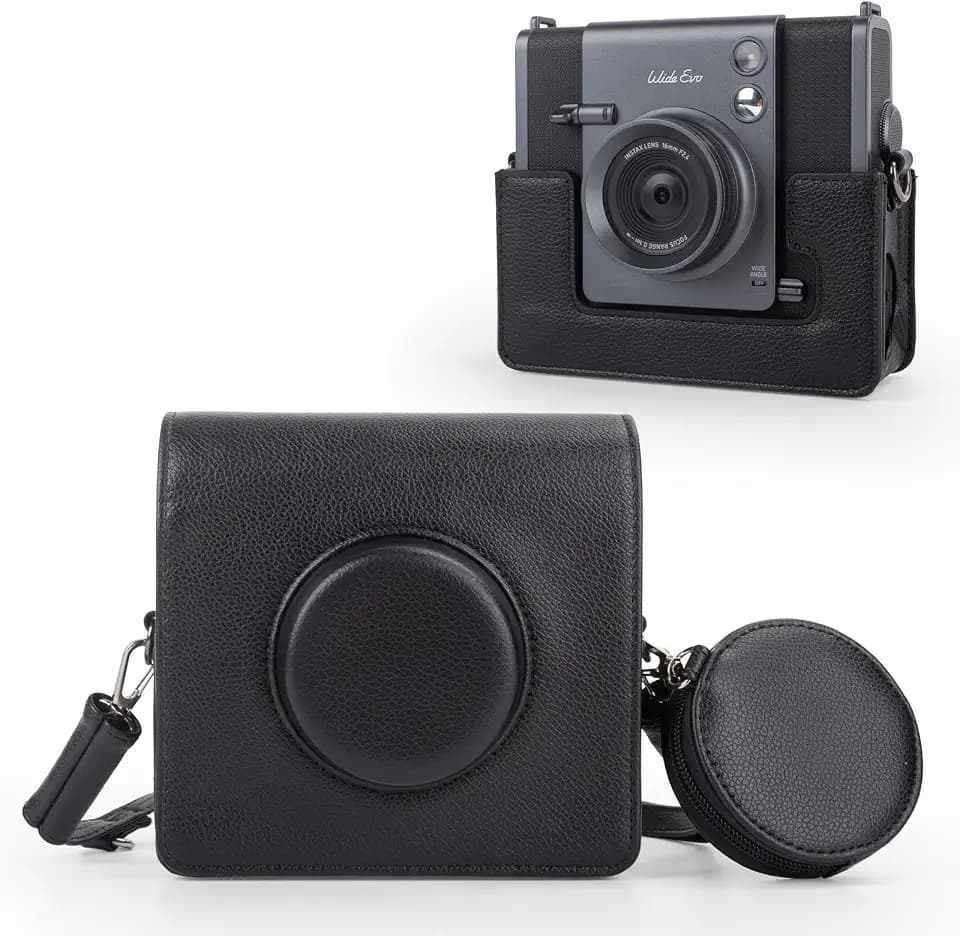 MUZIRI KINOKOO Case for instax Wide EVO with Small Storage Pocket, PU Leather Lychee Texture Case for fuji wide evo 2-In-1 Instant Camera, with Adjustable Shoulder Strap & Anti-Scratch Covers-Black