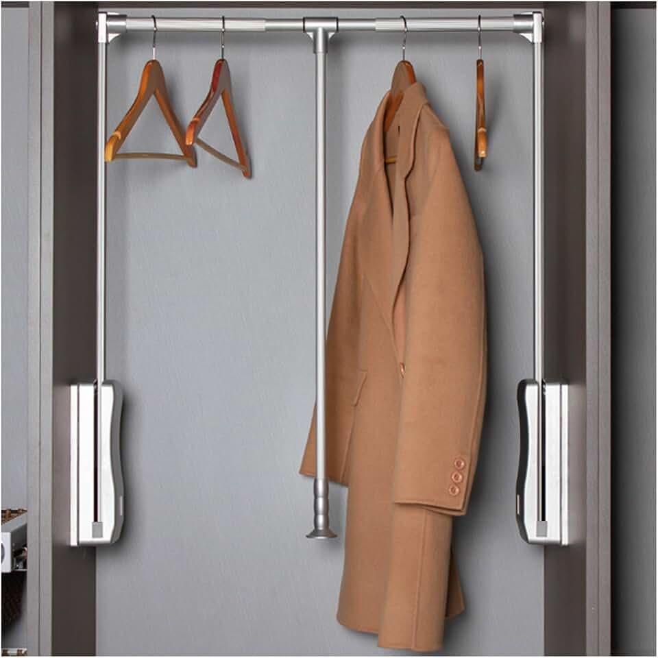 Kleiderstange zum Herunterziehen, Anhebbare Kleiderstange aus Aluminiumlegierung mit Doppelpuffer, Tragfähigkeit von 50 kg, Verstellbar, Silber