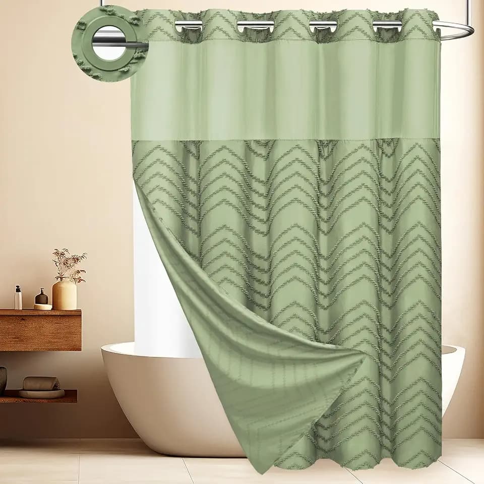 WONICY Ringless Tufted Chevron Shower Curtain with Liner, Sage Green, 71x86
