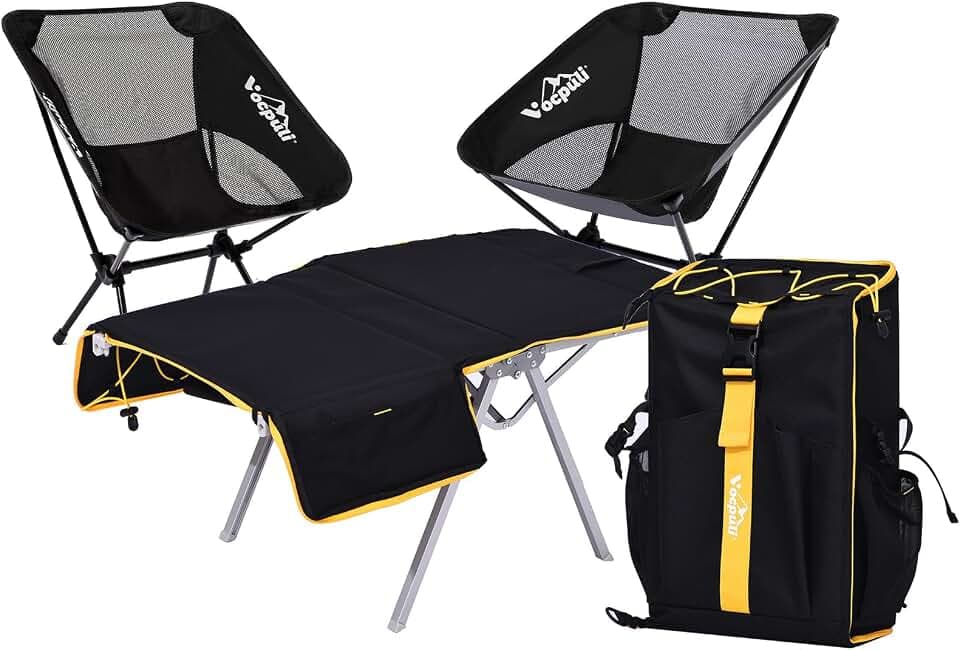 Camping Backpack - Aviation Aluminum Table Frame + 2 Folding Camping Chairs,+ Convertible Backpack Tabletop, Quick Setup&Portable,Camping Gear,Gifts for Camping, Picnic, Beach (Black)