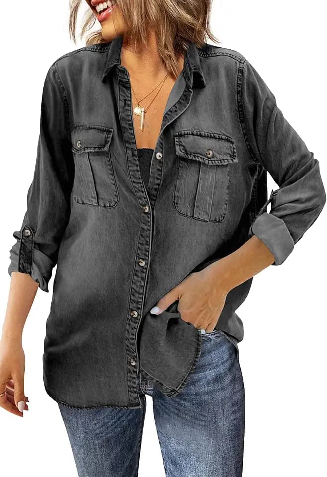 Runcati Womens Button Down Denim Shirt Long Sleeve Oversized Jean Jacket