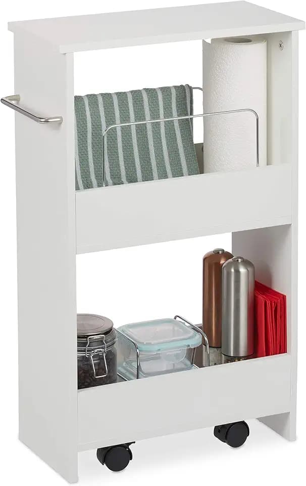 Relaxdays Nischenwagen, 2 Fächer, Nischenregal mit Rollen, 20 cm breit, schmales Regal Bad & Küche, MDF, Rollregal, weiß
