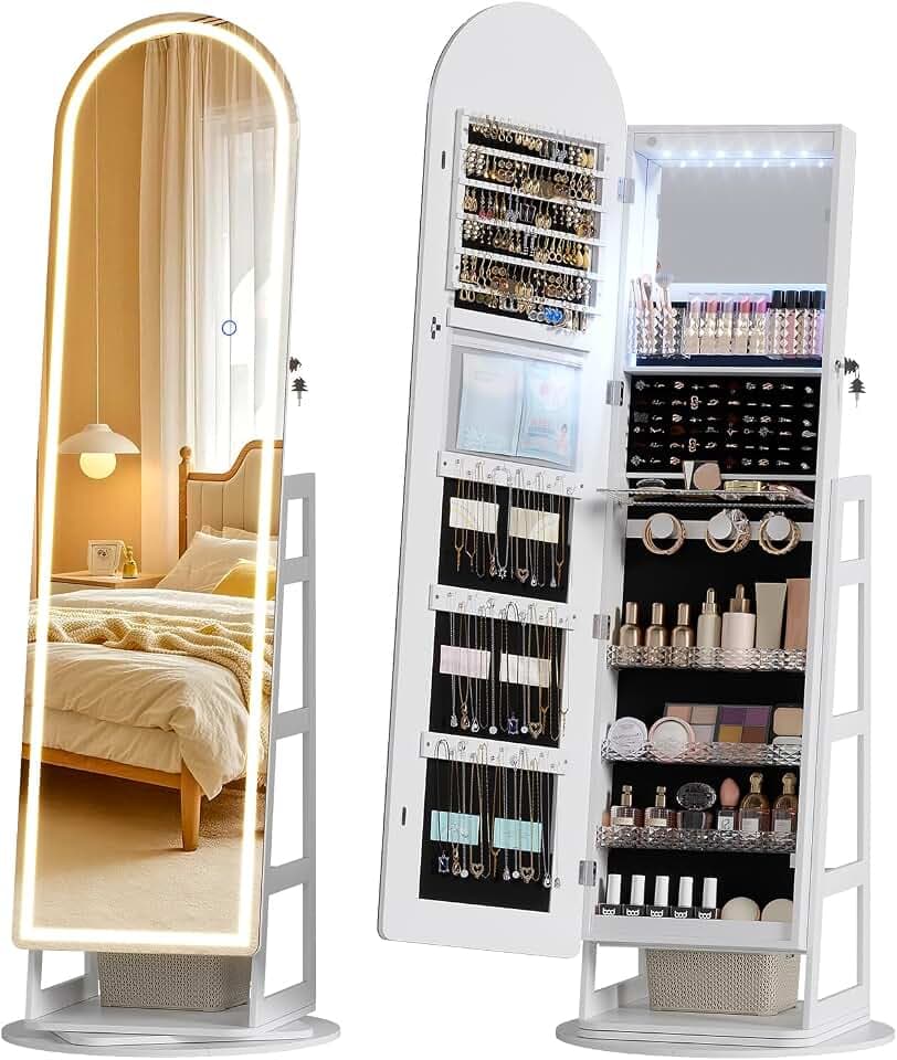 LVSOMT Schmuckschrank mit Bogen Spiegel und 3 LED-Beleuchtung, Weiß