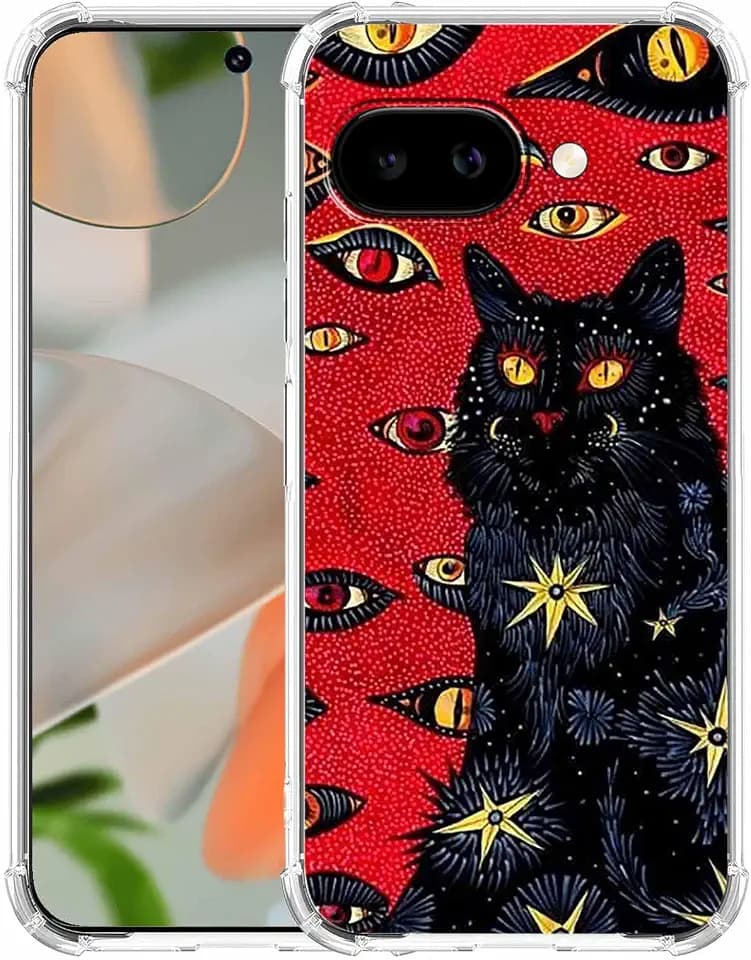 Black Cat Case for Google Pixel 9a,Hippie Psychedelic Art Collage,Trendy Soft TPU Bumper Phone Cover,px9a