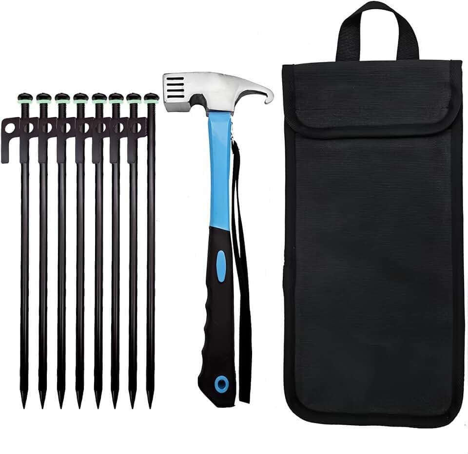 8 Pack 12-inch Tent Stakes and Hammer with Portable Pouch for Camping