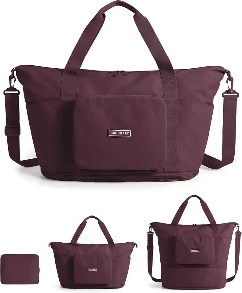 BAGSMART Foldable Travel Bag, 37L Expandable Personal Item Bag, Cherry Red