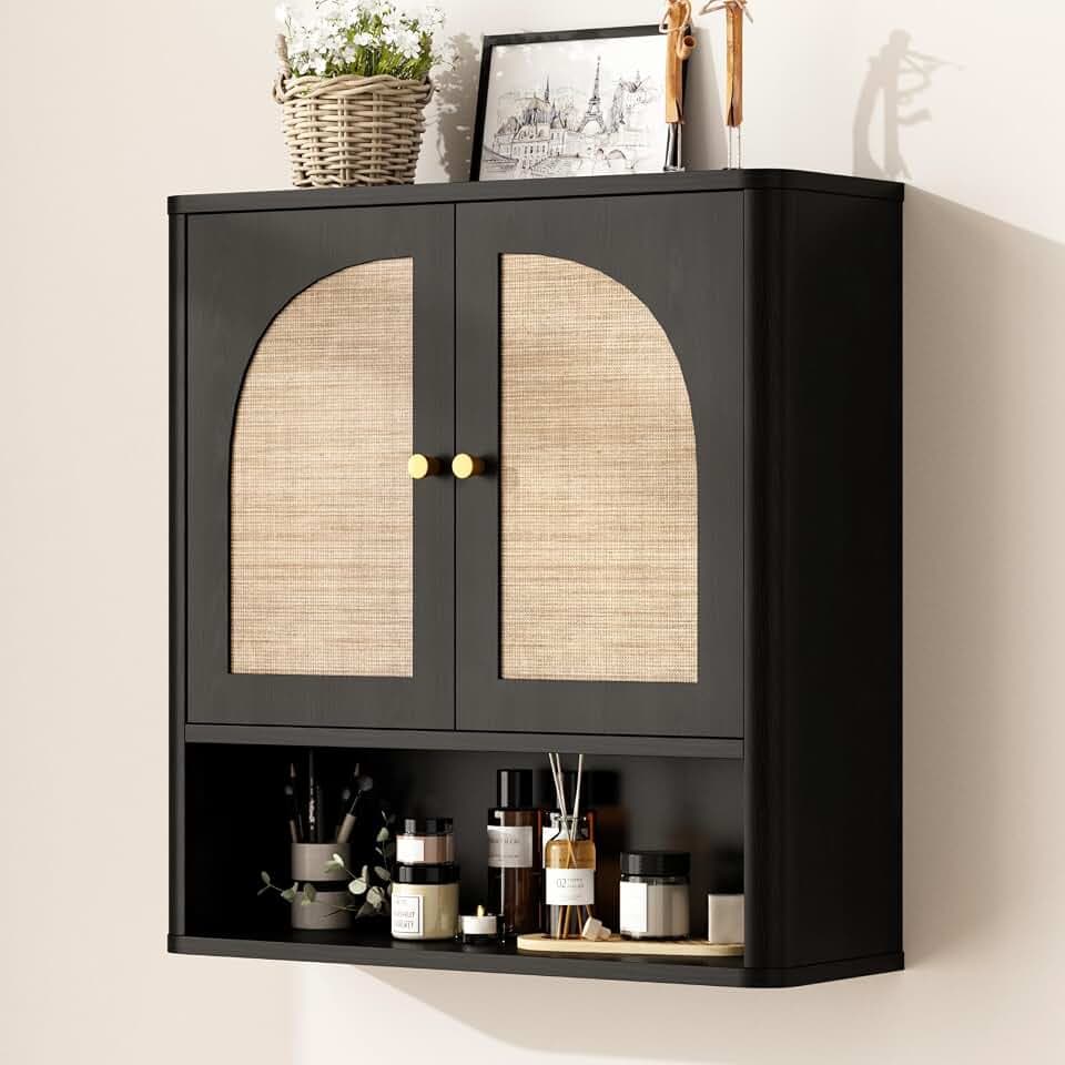 RUSTOWN Rattan Bathroom Wall Cabinet with 2 Arched Doors & Adjustable Shelf
