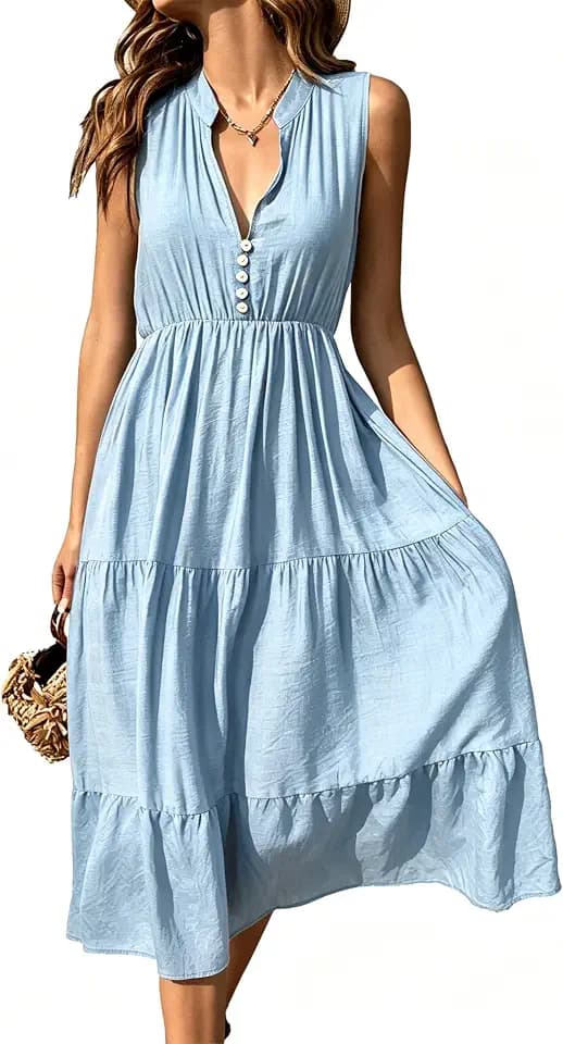 BROVAVE Womens 2026 Summer Sleeveless Shirt Dress V Neck Casual Midi Dress