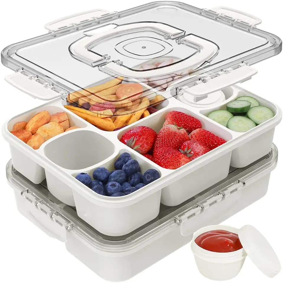 Caperci 2PC Snackle Box Container With 2 Sauce Cup & Handle 8 Compartment