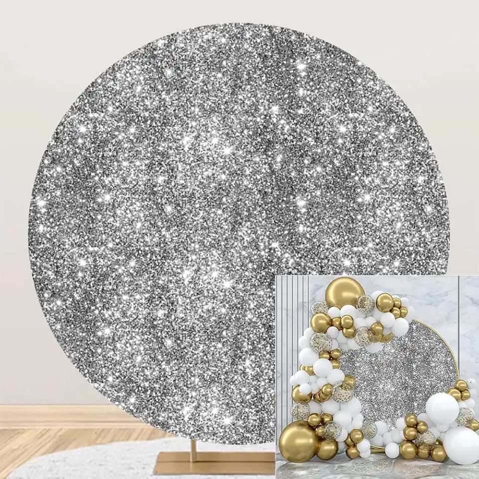 Silver Glitter Sequin Round Backdrop Luxurious Glistening Black Silver Photography Background Circle Backdrop Cover Birthday Wedding Bridal Baby Shower Party Decoration Not Real Glitter 7.5ft