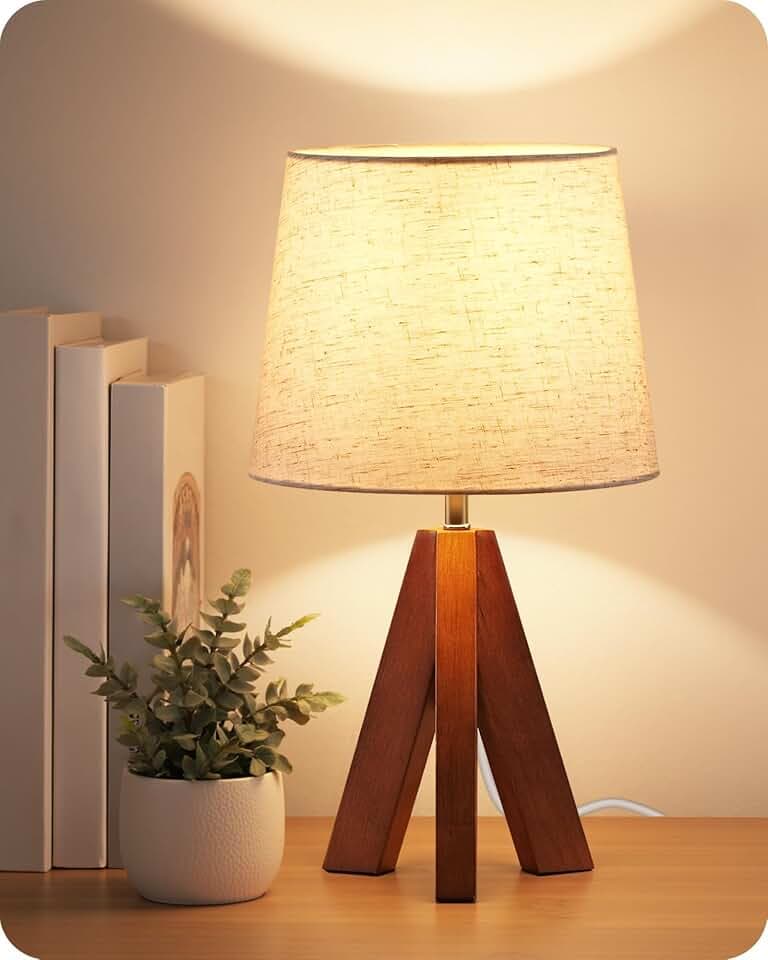 Tripod Table Lamp, 14.6 Inch Small Bedside Lamp with Beige Linen Shade, Modern Nightstand Lamp for Bedroom, Kids Room, Living Room, Nursery, Office, E26 Socket, Dark Wood Base, LE51TL05