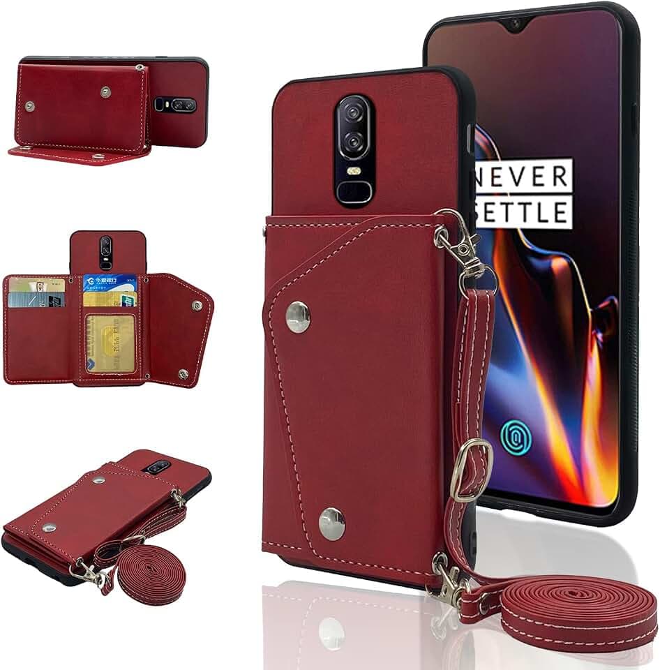 Kompatibel mit OnePlus 6 Wallet Cover mit Crossbody Schultergurt und Ständer, Leder, Kreditkartenhalter, Handyhülle für OnePlus6 A6000 One Plus6 1 Plus 1plus Six One+ 1+ 6-Rot