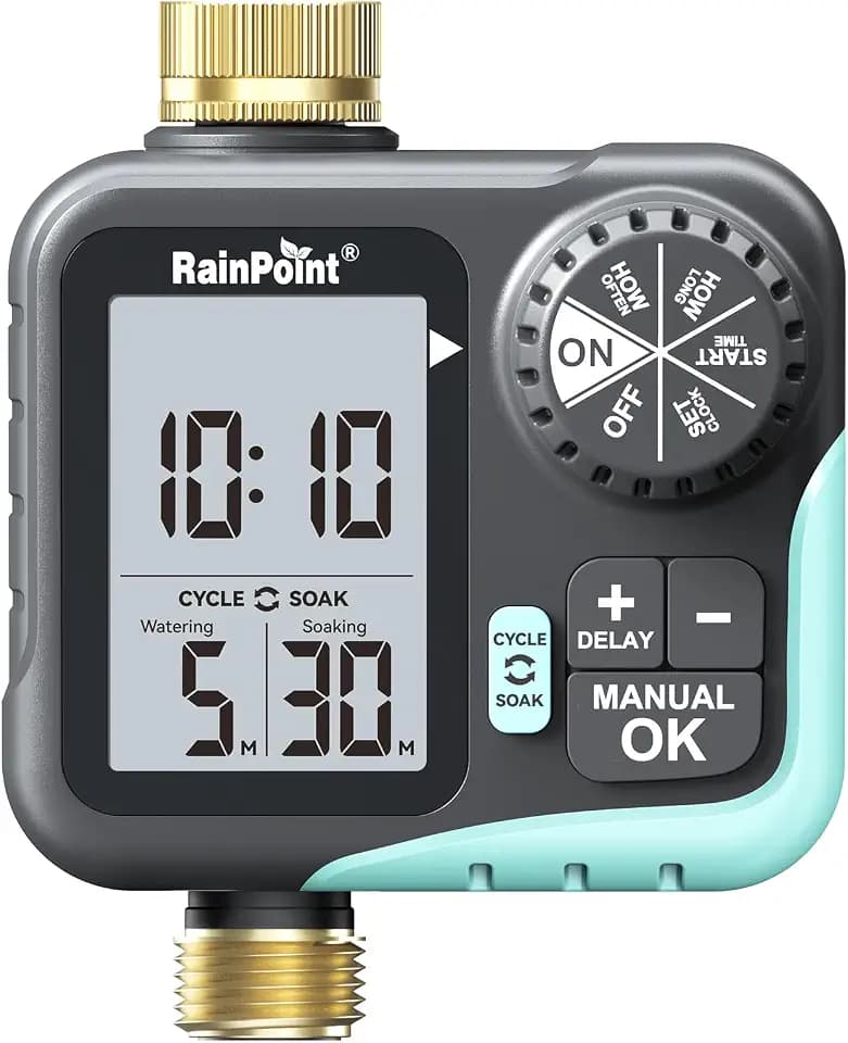 RAINPOINT Sprinkler Timer for Garden Hose - Hose Timer with Cycle & Soak/Rain Delay/Automatic Watering/Manual Watering, Programmable Irrigation System with Large Display, Brass Inlet & Outlet
