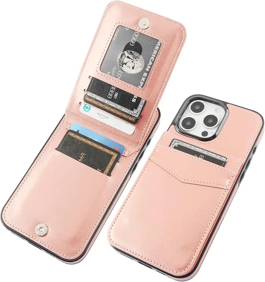 KIHUWEY for iPhone 16 Pro Max Wallet Case Card Holder Kickstand, Rose Gold