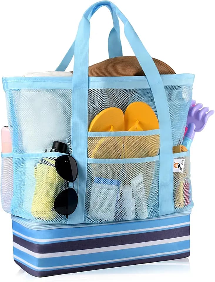 CaCTOUR Beach Bag with Cooler Compartment,Mesh Beach Bag Dry Wet Detachable with Zipper Pockets,Waterproof Sandproof Pool Bag