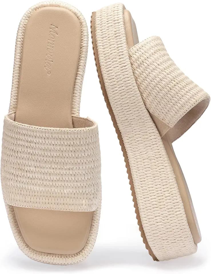 Monrovia Platform Sandals Women Raffia Espadrille Slides, Woven Straw Flatform Beach Sandals Women, Slip On Summer Vacation Shoes, Comfortable Casual Daily Wear