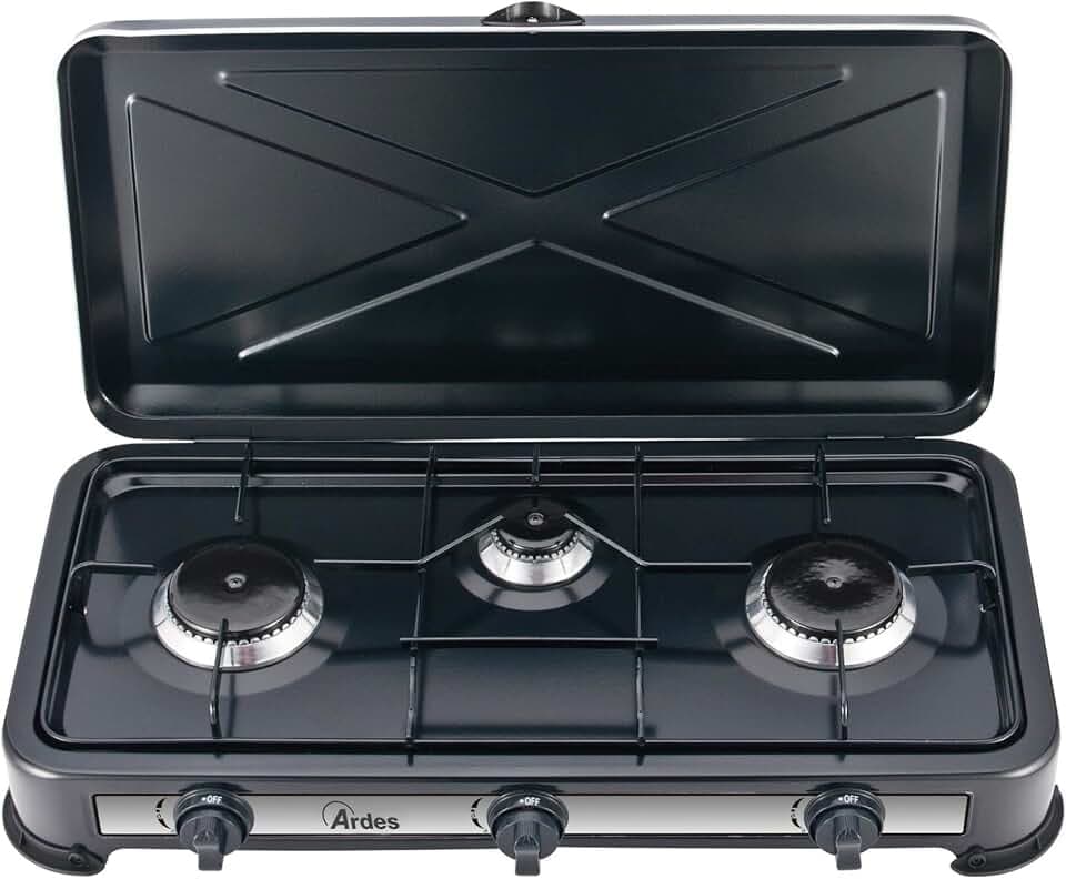 ARDES - AR1FG03 Gasherd für den Außenbereich Flüssiggas Tragbarer Camping-Gaskocher 3 Brenner mit Deckel aus schwarz lackiertem Stahl - Energieeffizienzklasse A+++