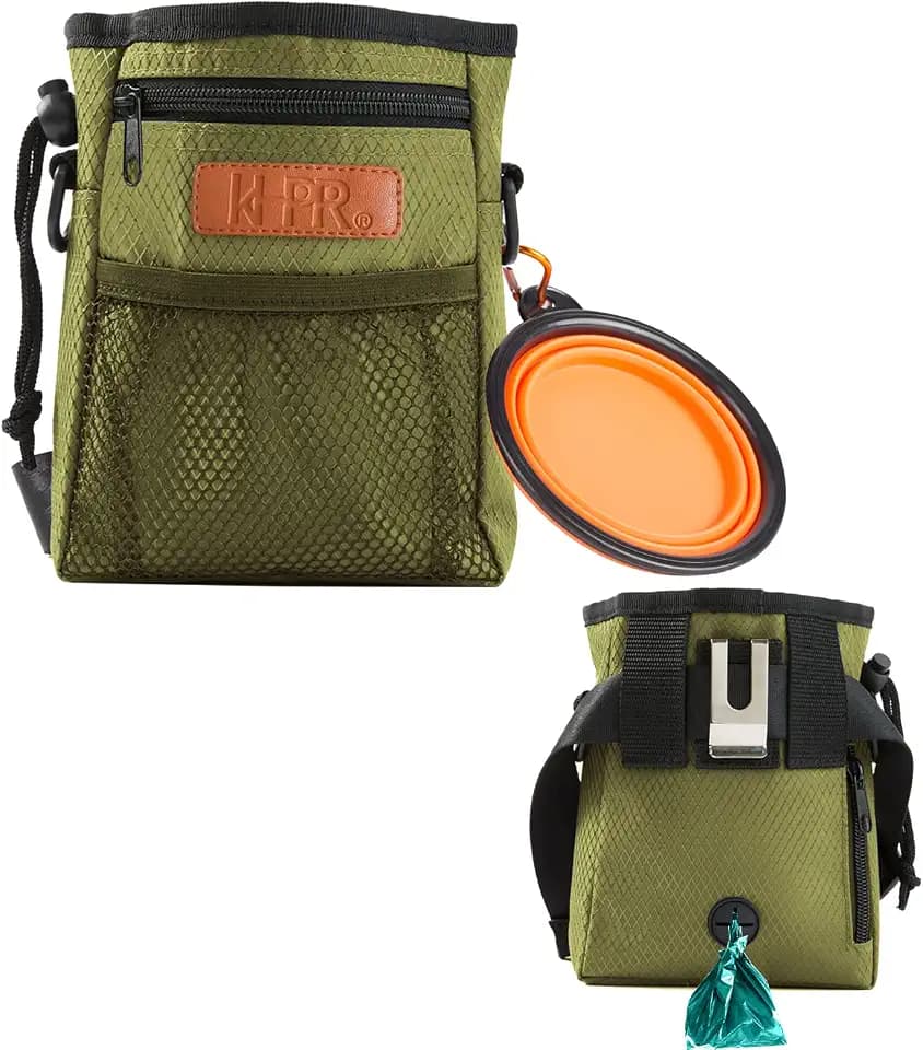 Dog Treat Training Pouch with Built-in Poop Bag Dispenser, Army Green