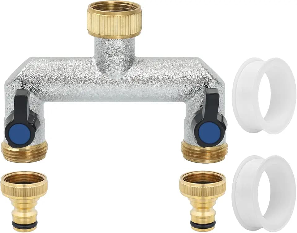 2-Wege Wasserhahn Wasserverteiler, 3/4 Zoll Messing Wasseranschluss Verteiler, Schlauchverteiler 2fach mit 2 Individuellem Kugelhahn und 2 Adapter 1/2 zoll, für Gartenschläuche, Geräte