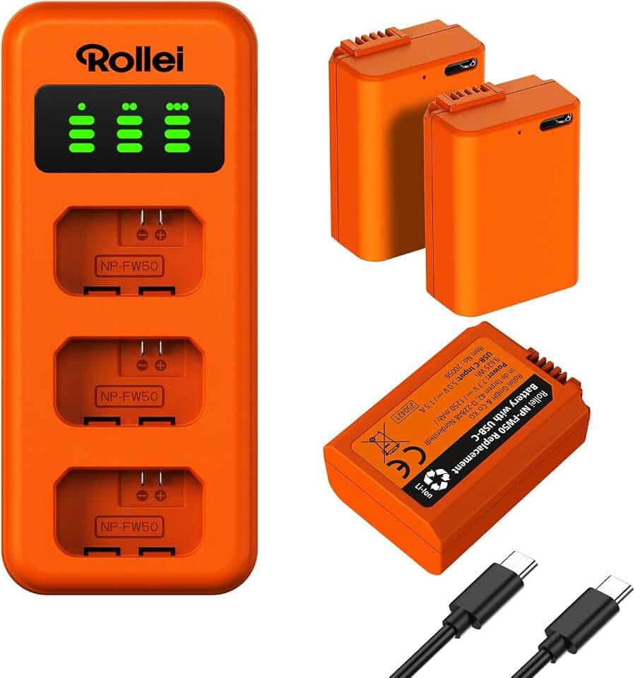 Rollei NP-FW50 3er Pack Akkus & Ladegerät 3-Fach-Schnellladung mit USB-C