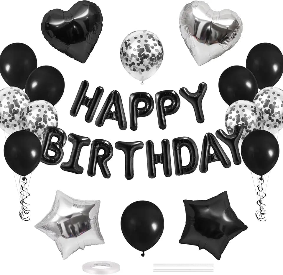 CANREVEL Happy Birthday Banner Decorations + 30pcs Star Balloons, Black