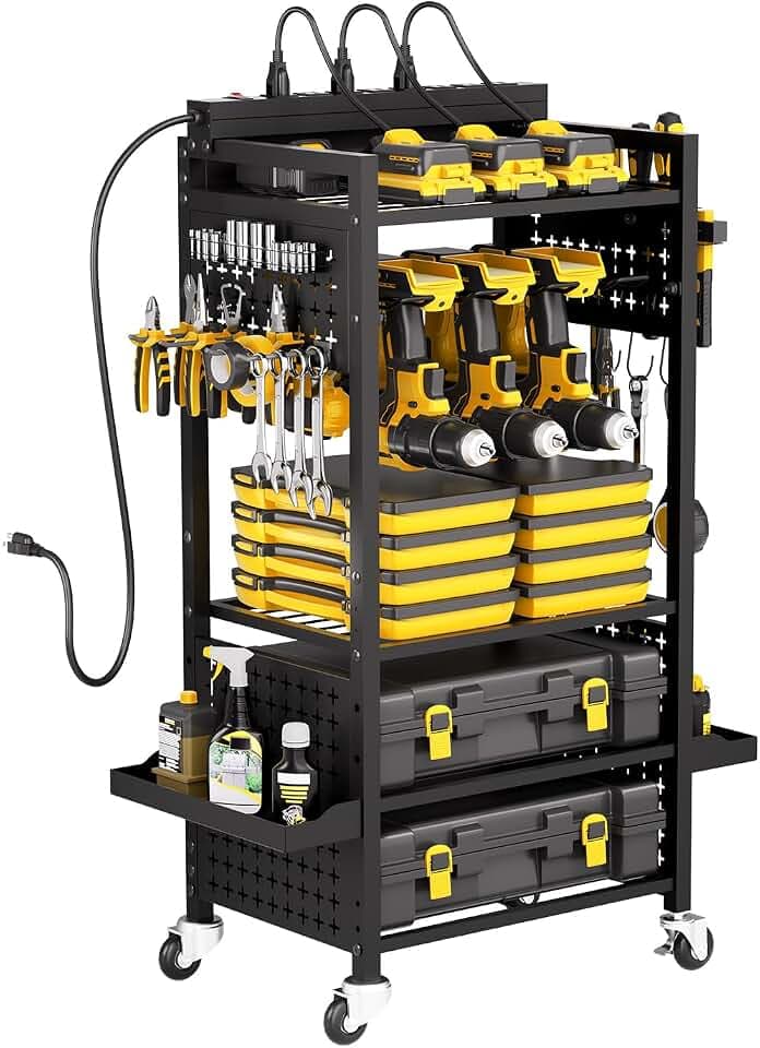 VEVOR 5-Tier Tool Organizer Cart with Charging Station, 8 AC Outlet, Floor Stand Rolling Drill Holder and Tool Battery Storage Rack on Wheels, Garage Floor Rolling Storage Cart for Workshop, Garage