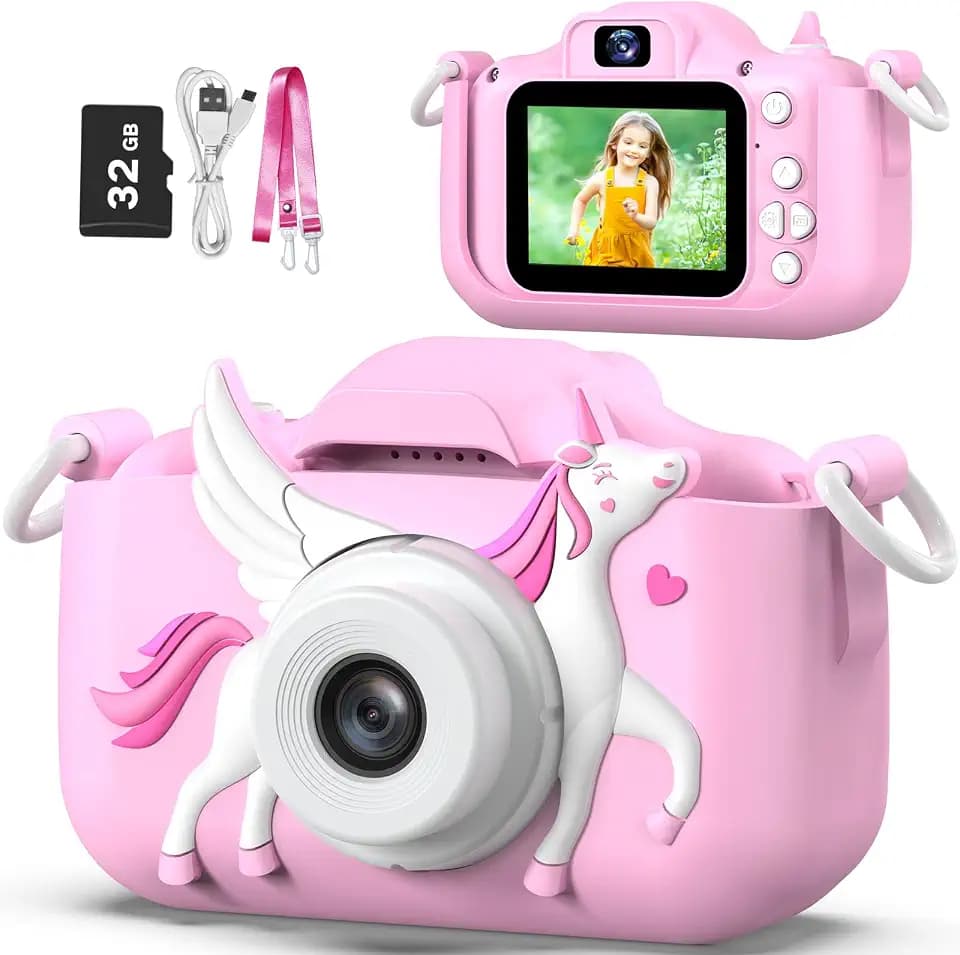 Goopow Kids Selfie Camera Toys for Girls Age 3-9, Digital Video Camera Toy with Protective Cover, Christmas Birthday Festival Gifts for 3-9 Year Old Girls Boys