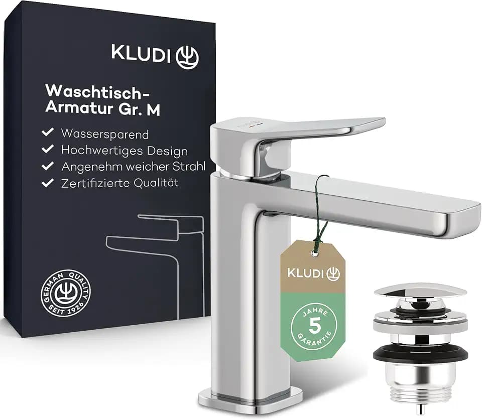 KLUDI-X3 Waschtischarmatur mit Push-Open Ablaufgarnitur, Auslaufhöhe 110 mm, wassersparender Wasserhahn Bad Größe M, Keramikkartusche, Mischbatterie Waschbecken inkl. Anschlussschläuche in Chrom