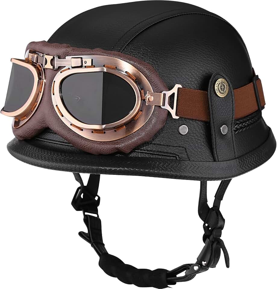 Yesmotor Motorcycle Half Helmet Retro German Handmade Leather Half Face Quick Release Buckle & Goggles - DOT Approved (Black, L)