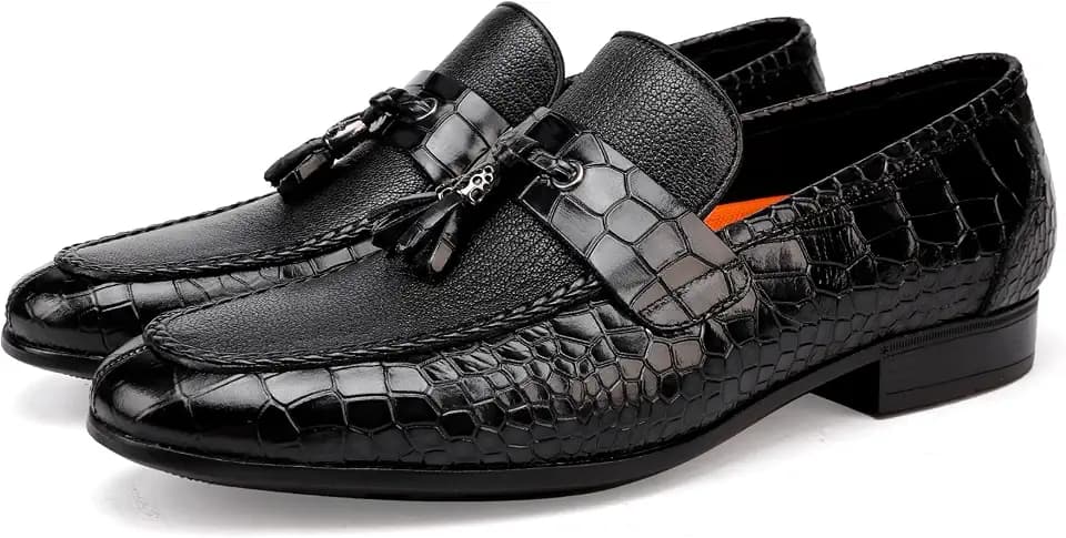 Men's Leather Tassel Loafers - Comfortable and Durable Slip-On Driving Moccasins with Traction, Classic Crocodile Print Penny Loafers for Wedding, Party & Formal Dress