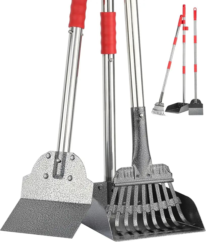 FUSBUNTY Long Handle Dog Pooper Scooper, Heavy Duty Stainless Steel Rake