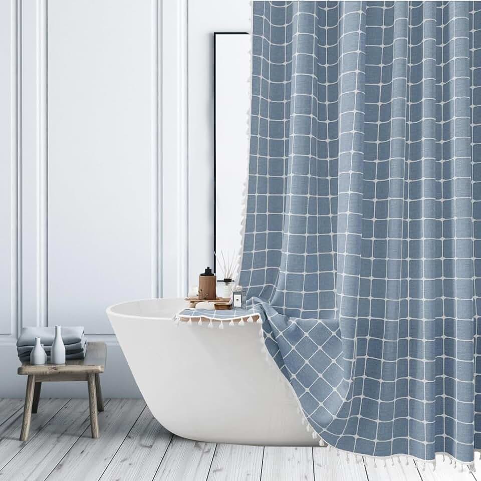 Blaue karierte Duschvorhänge, Bauernhaus, gestreift, Patchwork, neutrale Duschvorhänge für Badezimmer, rustikal, strapazierfähig, Badezimmer-Vorhang-Set mit Quaste, Bohemian-Stil, massiver Stoff