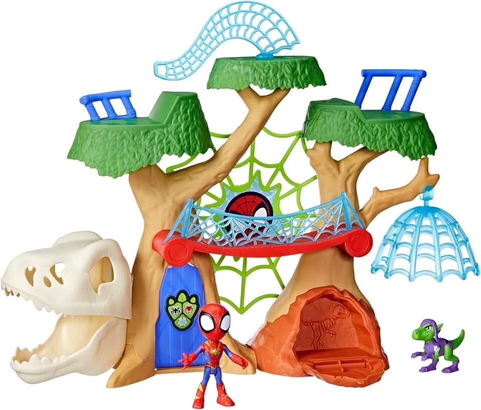 Marvel Spidey and His Amazing Friends Dino-Webs Treehouse Playset, Spider-Man & Goblin Raptor 4-Inch-Scale Action Figure Set, Ages 3 & Up