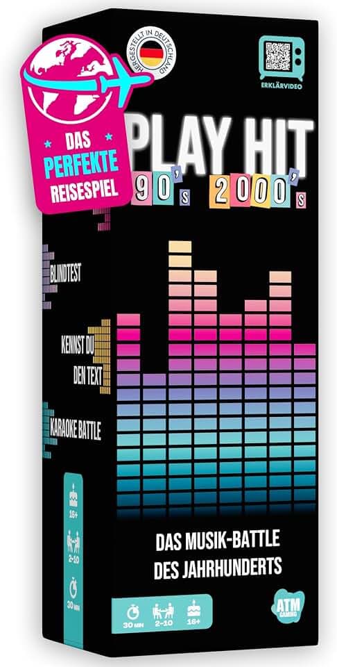 ATM Gaming - PlayHit Gesellschaftsspiel – Das Musikquiz der 90er und 2000er – Party- und Kartenspiel für Erwachsene und Familien – für 2 bis 10 Spieler ab 16 Jahren – Musikspiel
