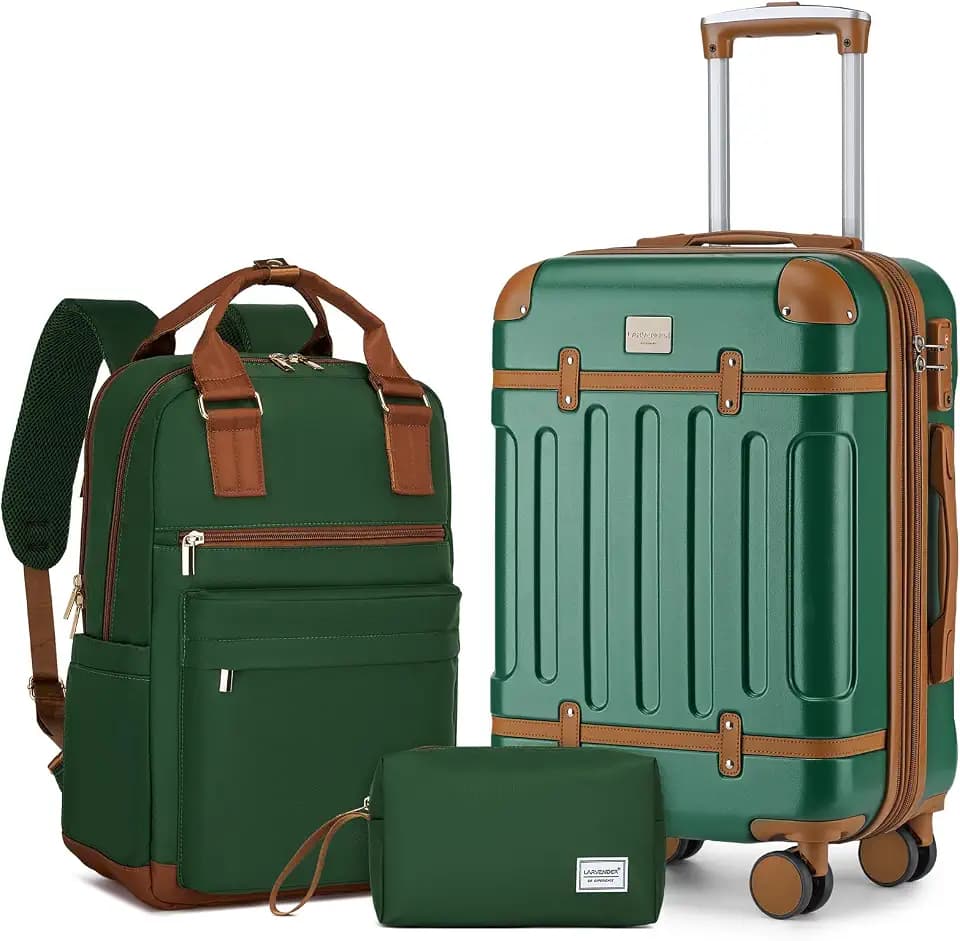 LARVENDER Expandable Carry on Luggage Sets 3 Piece Suitcases Set, Green