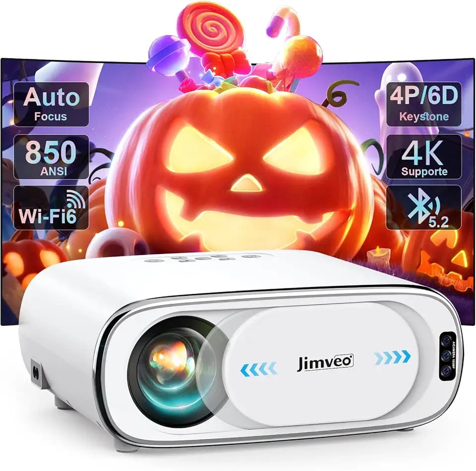 Beamer 4K KI Auto-Objektivdeckel Auto-Fokus Auto-6D Trapezkorrektur Smart Beamer WiFi6 Bluetooth Jimveo 26000L 1080P Full HD Tragbare Projector 50% Zoom,300" Display Am Abend Outdoor Heimkino