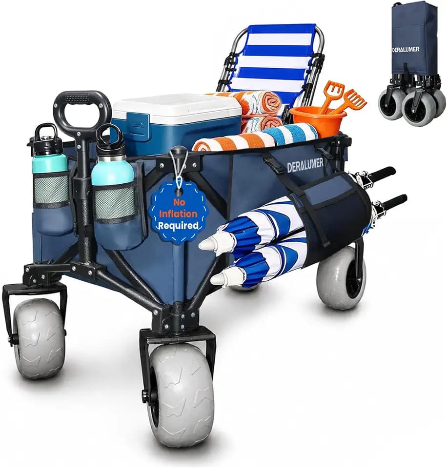 X800 Collapsible Beach Wagon, 41" Heavy Duty Folding Wagon Cart with 9" PU Flat-Free Wheels, 200L Oversized Utility Wagon with Side Bag for Camping, Sports, Garden & Outdoor (Flat Free Wheels)