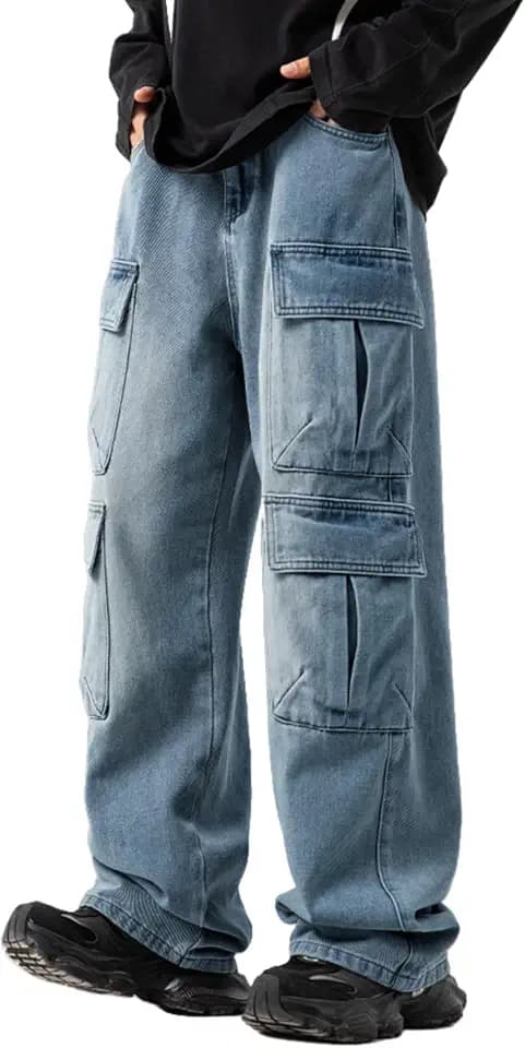 Mens Baggy Jeans for Men Women Y2k Skater Vintage Plain Pants Multiple Pockets Casual Wide Leg Loose Fit Cargo Denim Jeans