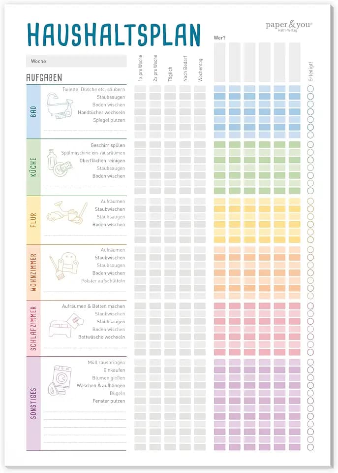 paper&you® Haushaltsplan Block A4 für Familien und WG "Rainbow"