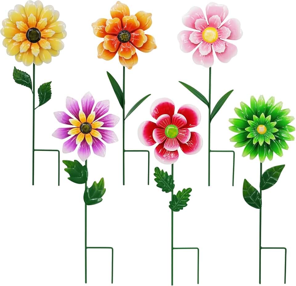 6 Pack Metal Retro Flower Wind Spinner 18in Garden Stake Kinetic Art