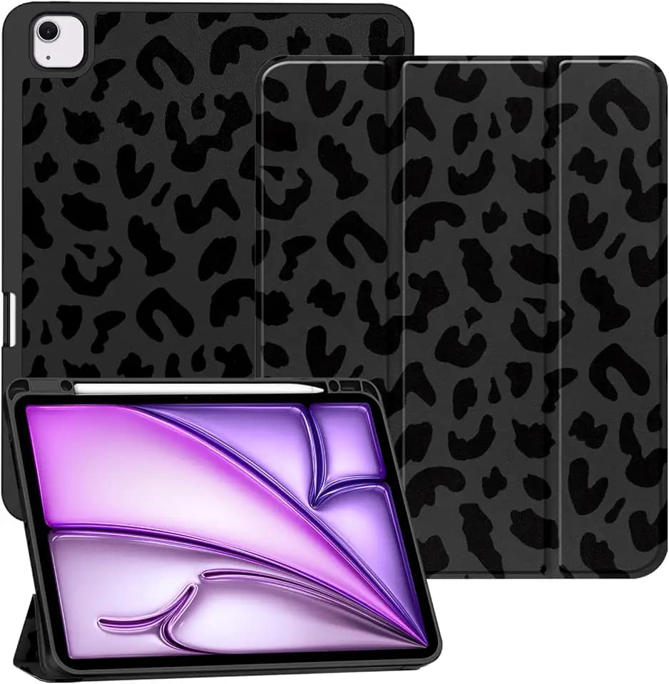 Compatible with iPad Air 13 Inch M4 2026/ M3 2025/M2 2024 Case with Pencil Holder TPU Back Case Auto Sleep/Wake Cover Cute Women Men Girls-Black Leopard Cheetah
