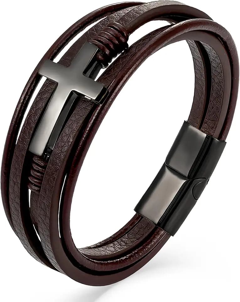 YL Mens Cross Viking Celtic Ankh Odin Compass Life Tree Leather Bracelet, 18K Gold/Black Rhodium Stainless Steel Christian Religious Protection Talisman Brown Cuff Handcrafted Jewelry Gifts