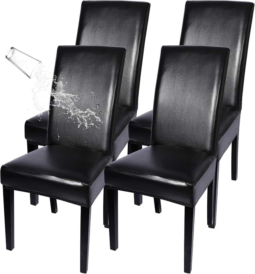 SearchI Waterproof PU Leather Dining Chair Covers Stretch, Set of 4, Black