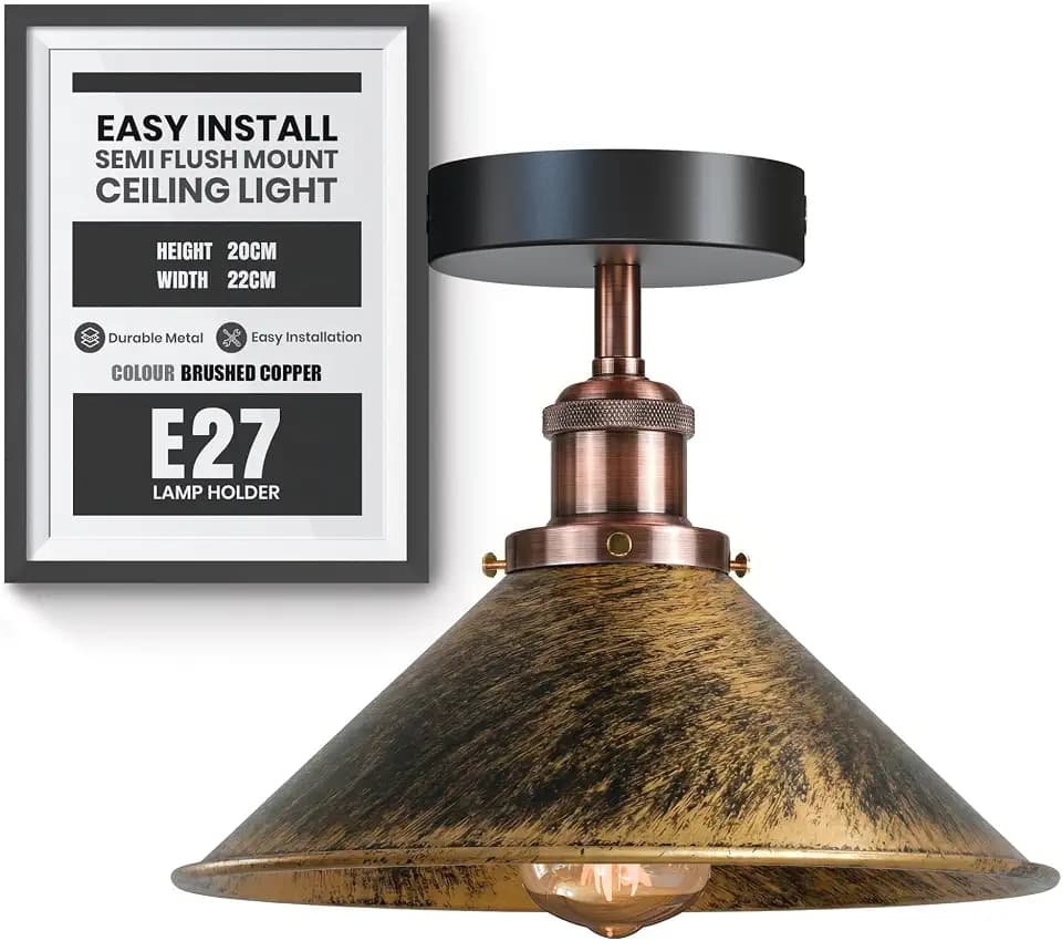 LEDSone Moderne Deckeneinbauleuchte aus Metall, LED Leuchten, Halbeinbauleuchte, Kronleuchter aus Metall, 22 cm Kegelschirm für Flur, Wohnzimmer (Kupfer gebürstet ohne Leuchtmittel)