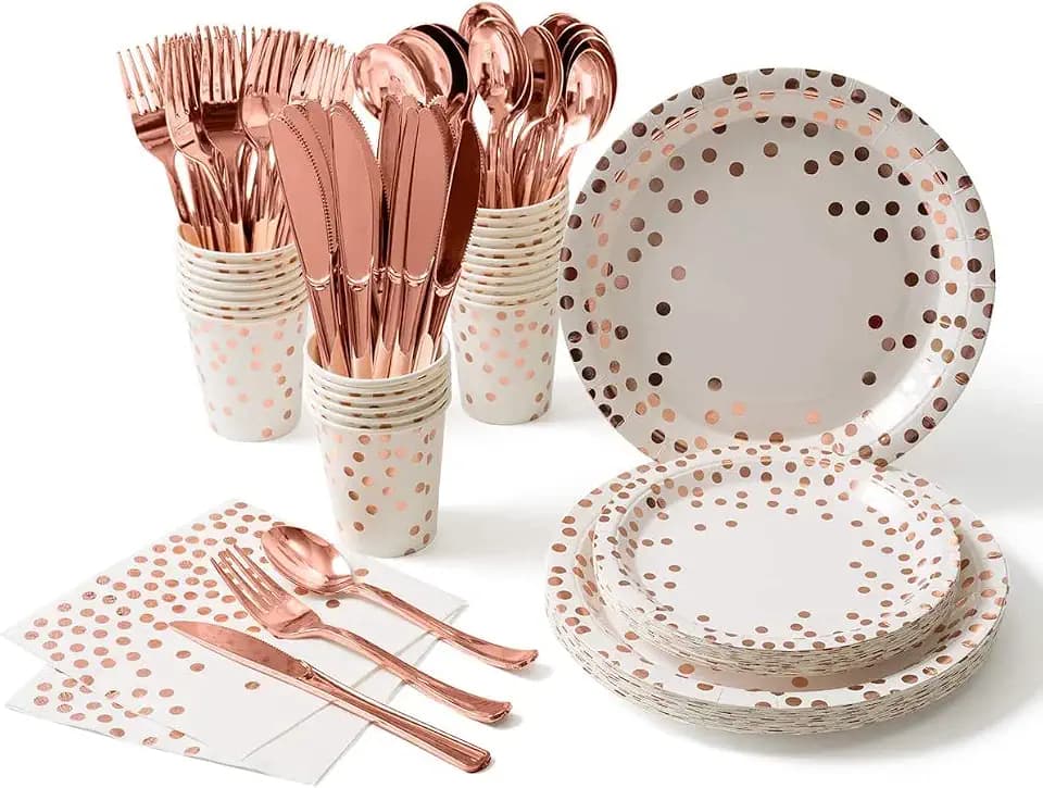 141 Stück Rotgold Partygeschirr Pappbecher Pappteller Set, Wiederverwendbar Papier Geschirr Set einschließlich Tischdecke Teller Becher Servietten zum Geburtstag, Hochzeiten, Jubiläums -20 Gäste