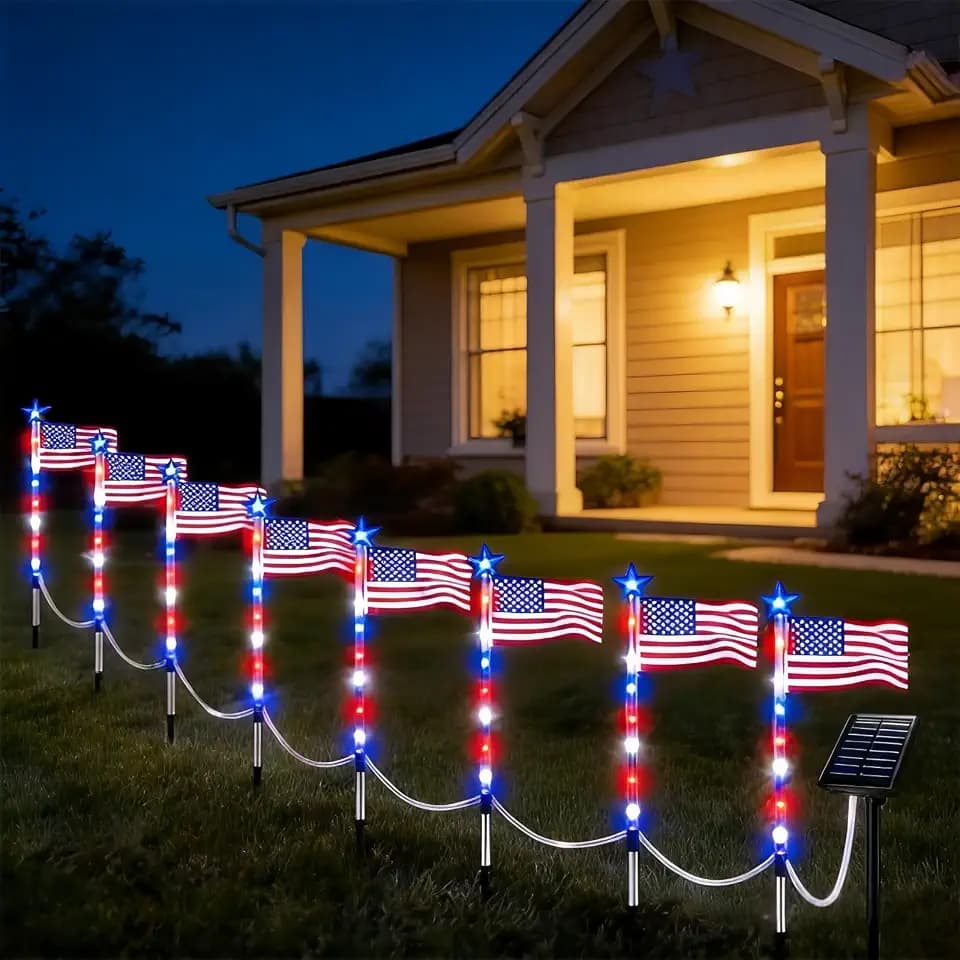 8 Connected in 1 Solar American Flag Pathway Stake Lights with 8 Modes - Patriotic Red White Blue Waterproof LED Outdoor Yard Garden Decorations for 4th of July, Memorial Day