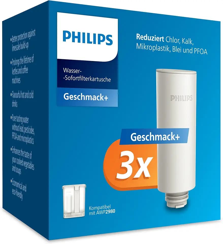 Philips Water Ersatzfilter für Wasserdispenser mit gefiltertem Wasser auf Knopfdruck – 3er-Pack, Geschmack+ Filter verbessert den Geschmack und reduziert Verunreinigungen, BPA-frei