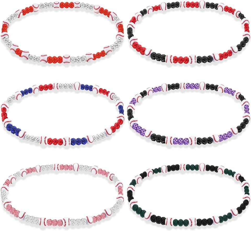 Liliaafar 6 Pcs Baseball Beaded Necklace for Teenager Bling Rhinestone Clay Beaded Necklace Gifts for Sports Team Fans