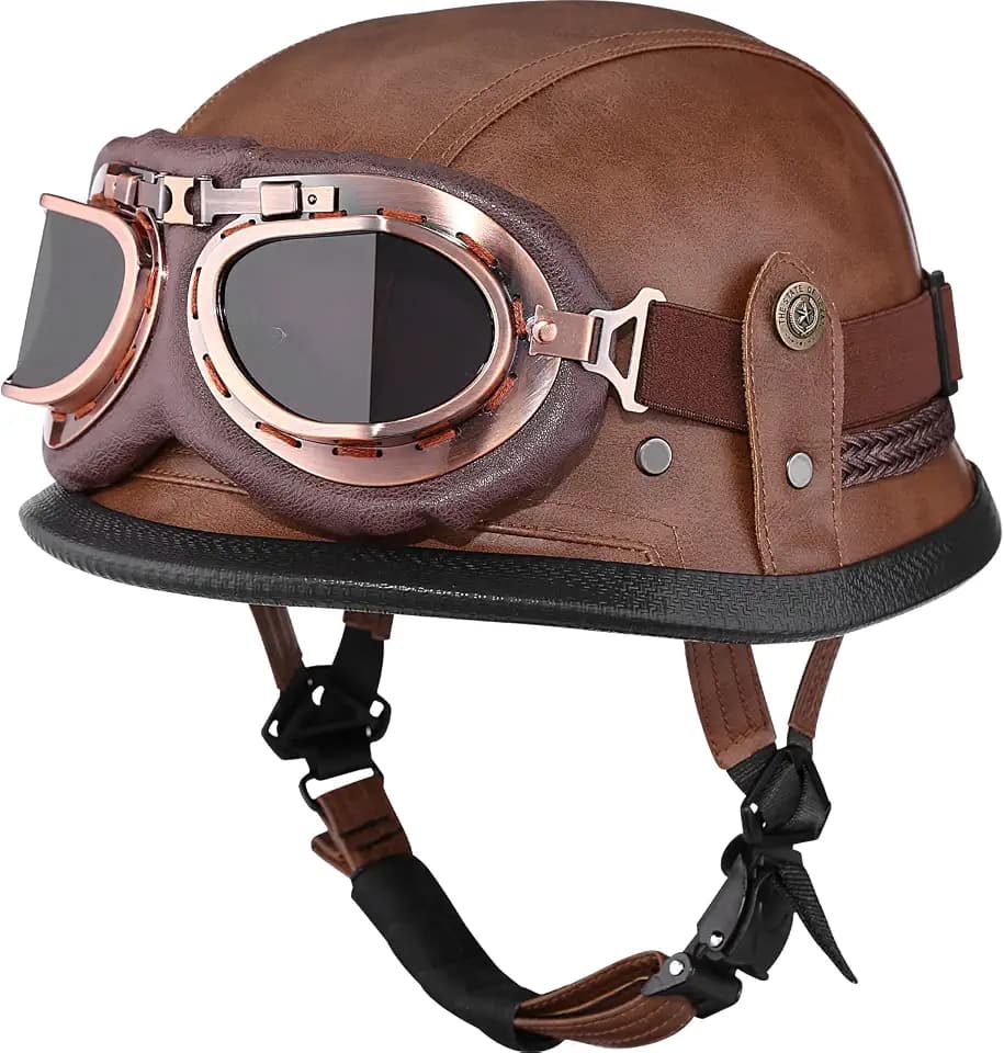 Yesmotor Motorcycle Half Helmet Retro German Handmade Leather Half Face Quick Release Buckle & Goggles - DOT Approved (Dark Brown, L)