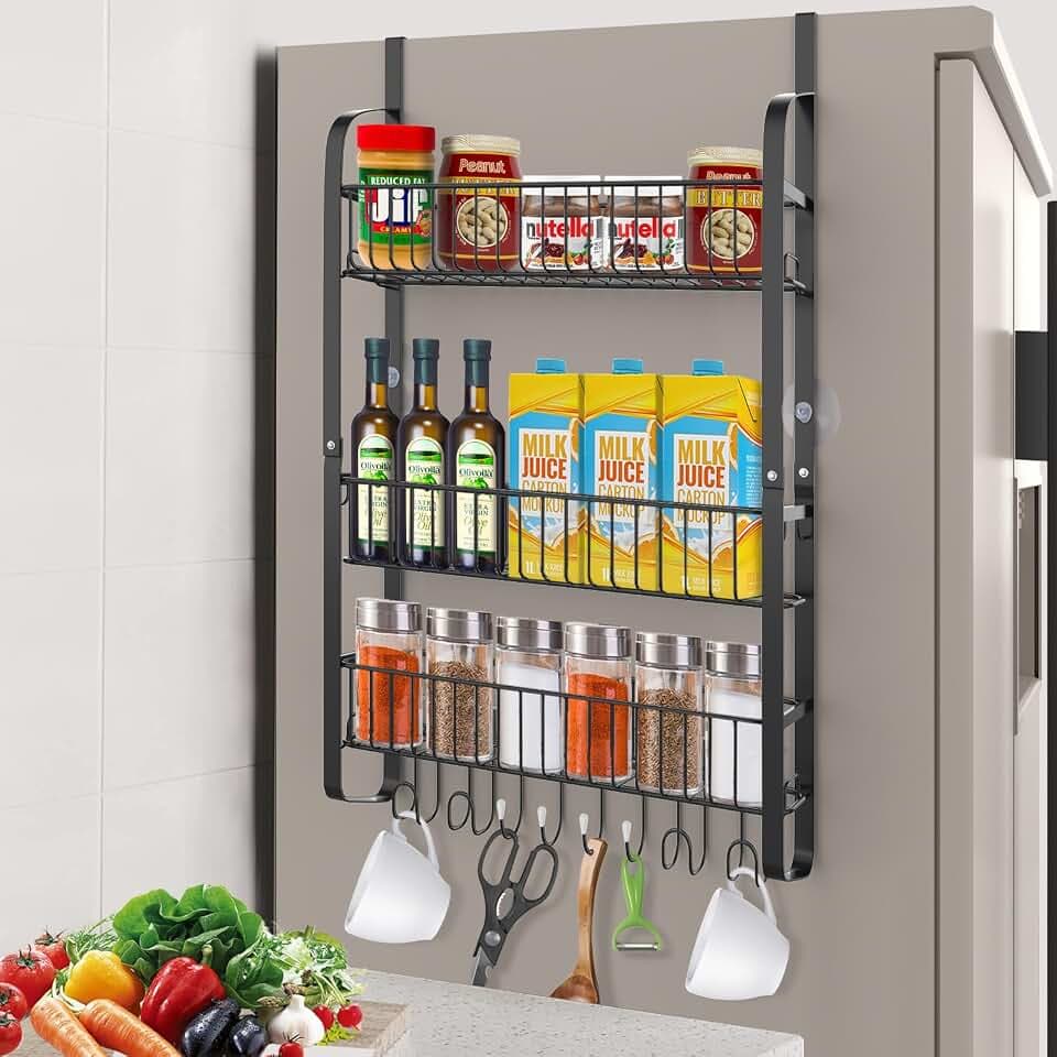 Kühlschrank Regal aus Kohlenstoffstahl, 3 Stück Gewürzregal ohne Bohren, Hängeregal mit 8 Haken, Hängendes Küchenregal, Spice Organizer mit Klebestreifen